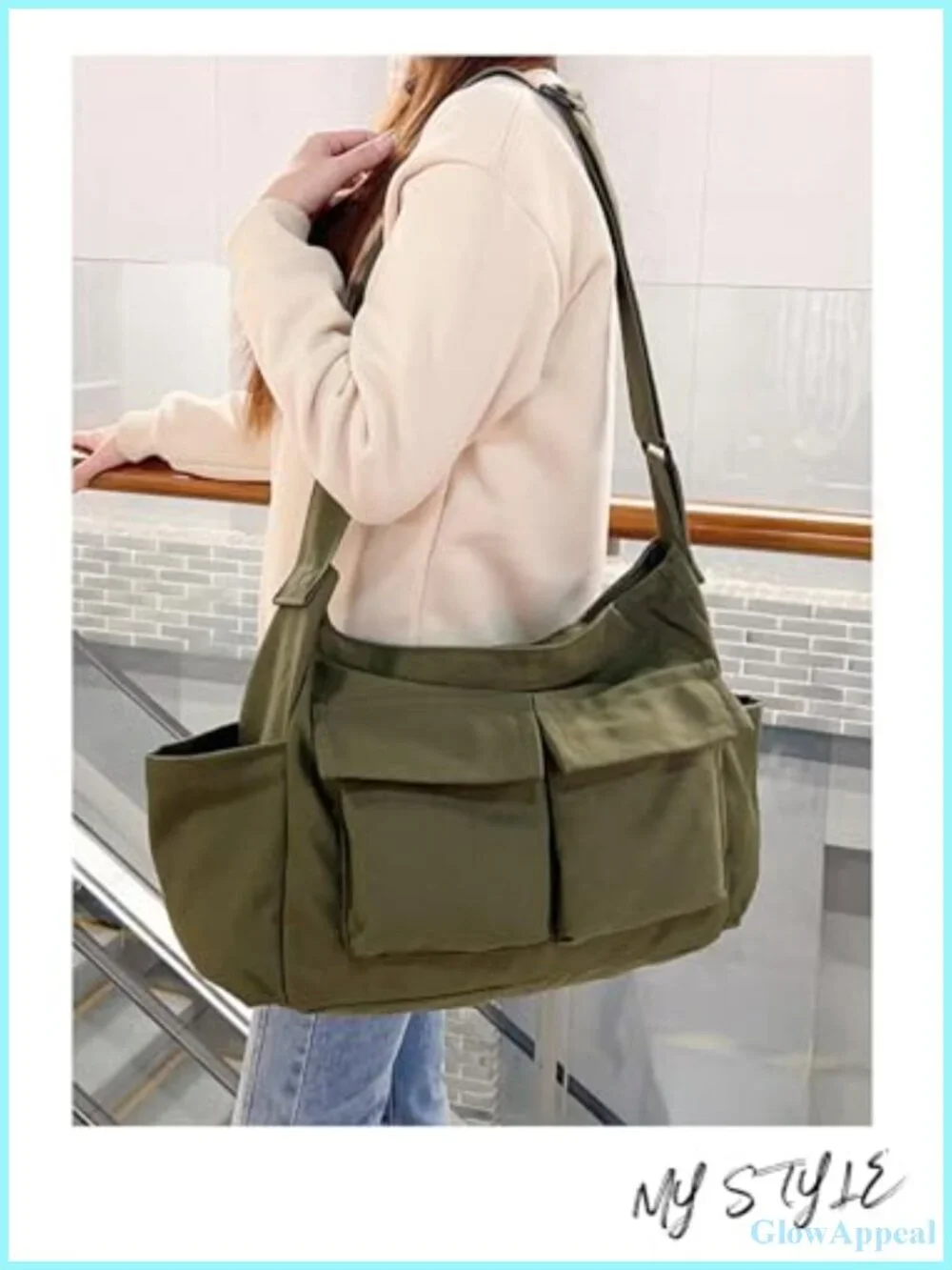 Canvas Hobo Crossbody Bag Slouchy Crescent Shoulder Tote with Zipper Pockets